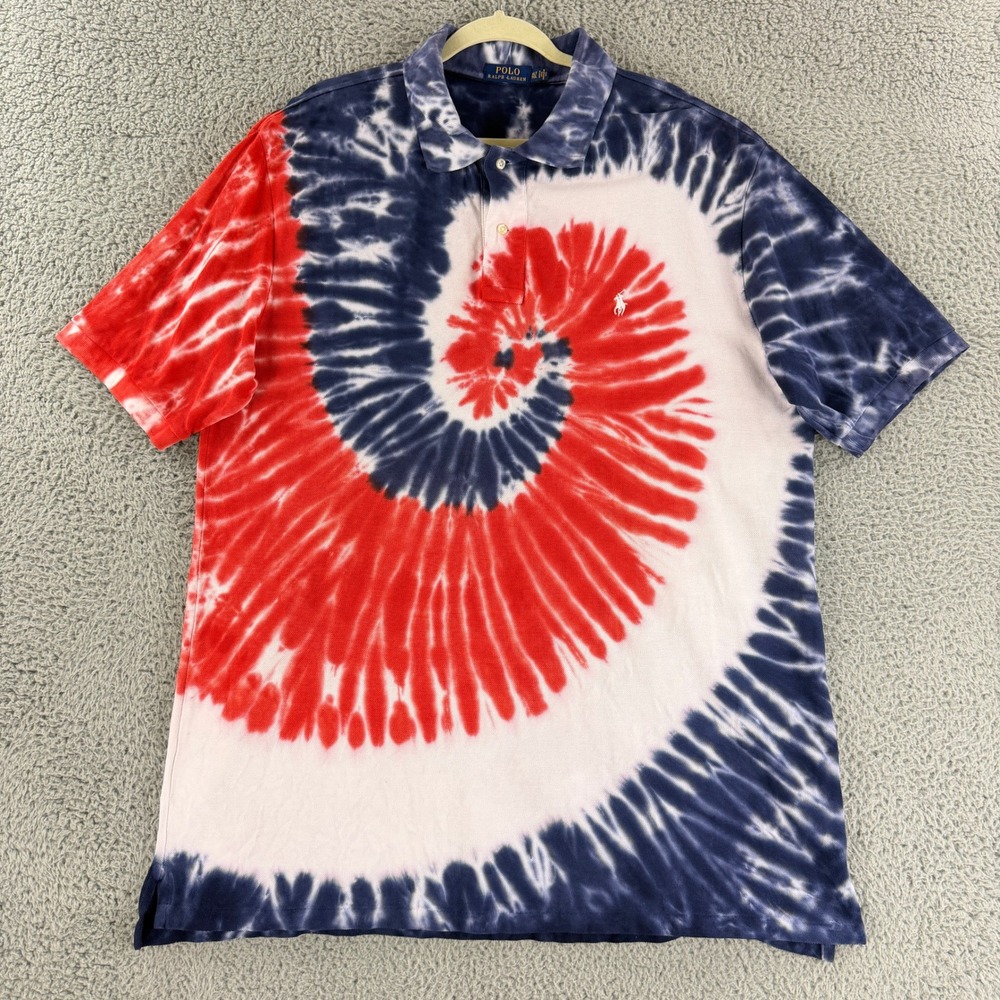 Polo Ralph Lauren Polo Shirt Men XLT Red White Blue Tie Dye Spiral Cotton Pony